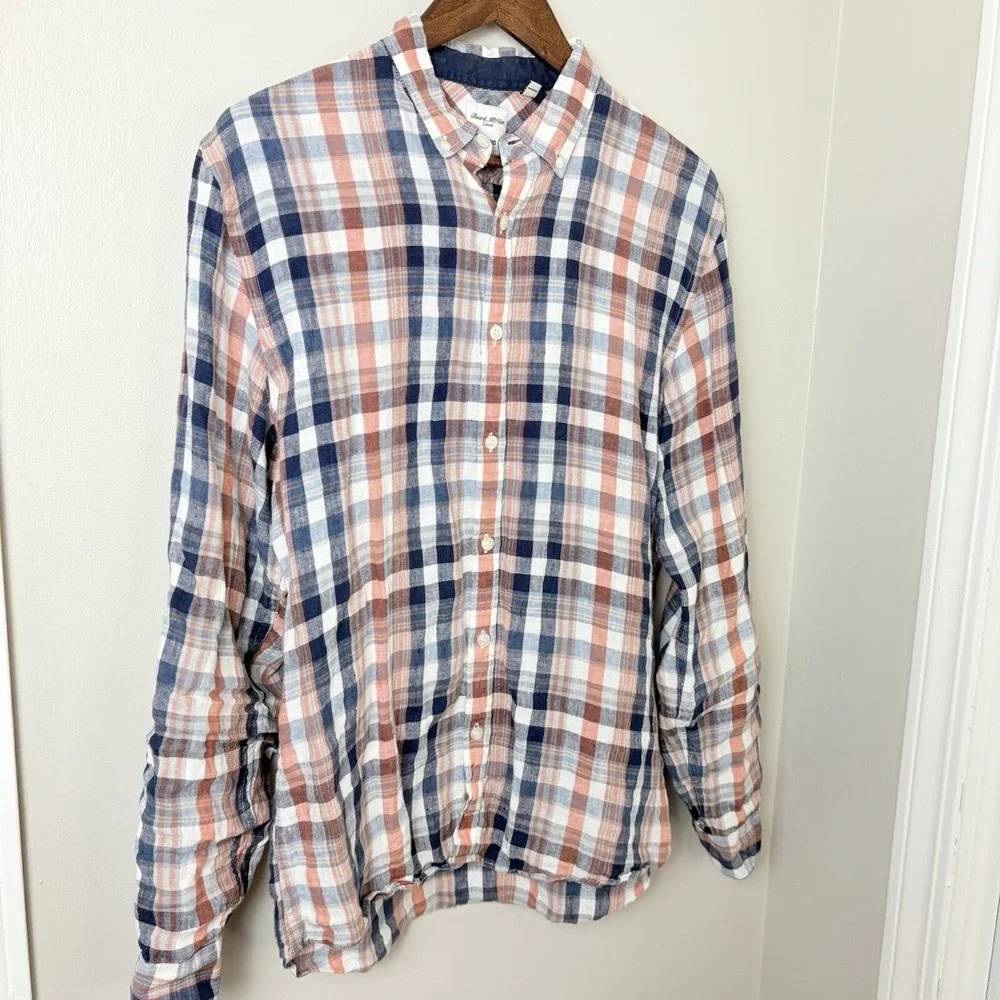 Baird McNutt Mens Linen Shirt Murano Slim Fit Blue Orange Plaid Button Up‎ Large